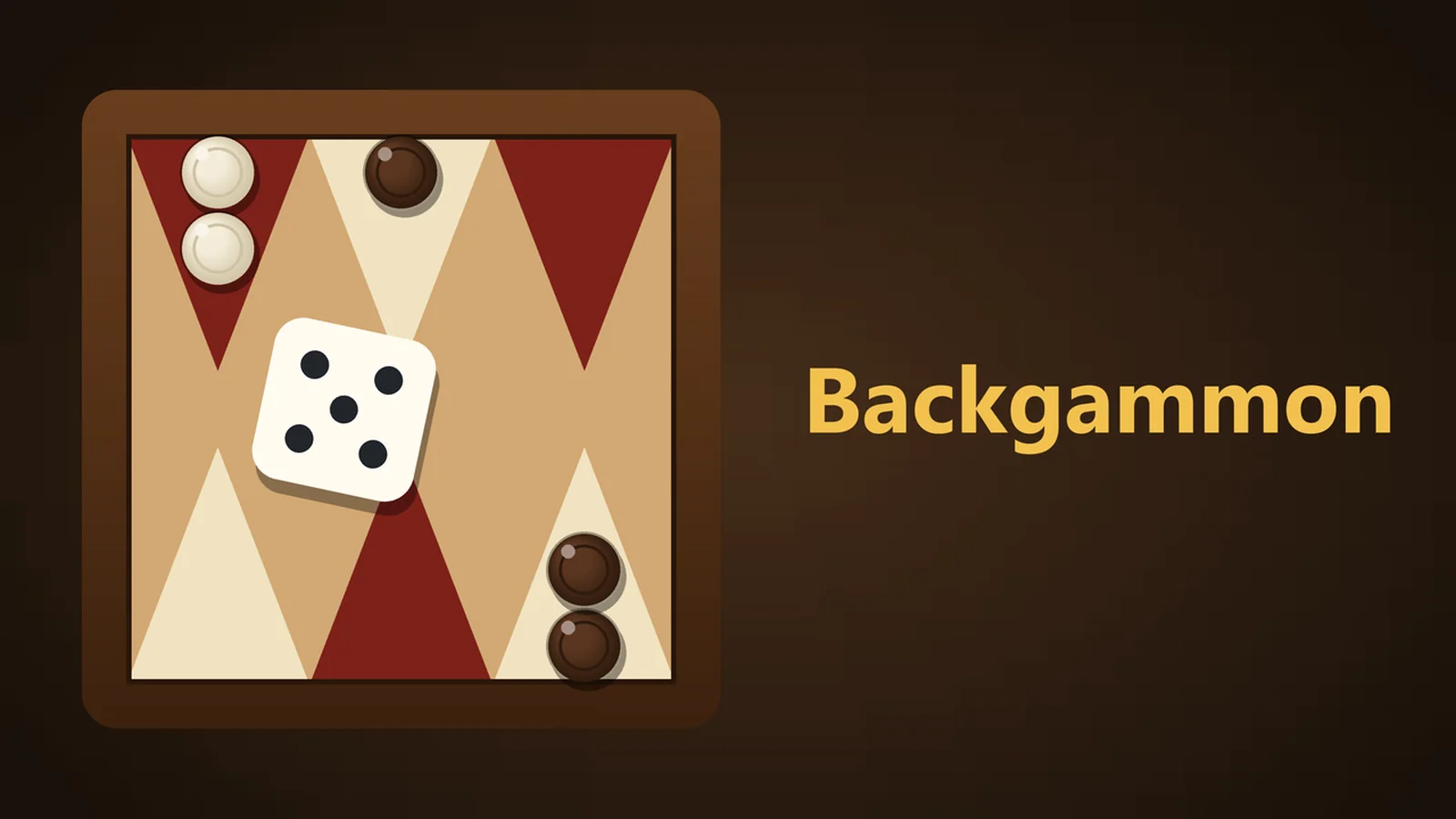 Backgammon: a wooden board with light and dark checkers and a die showing five