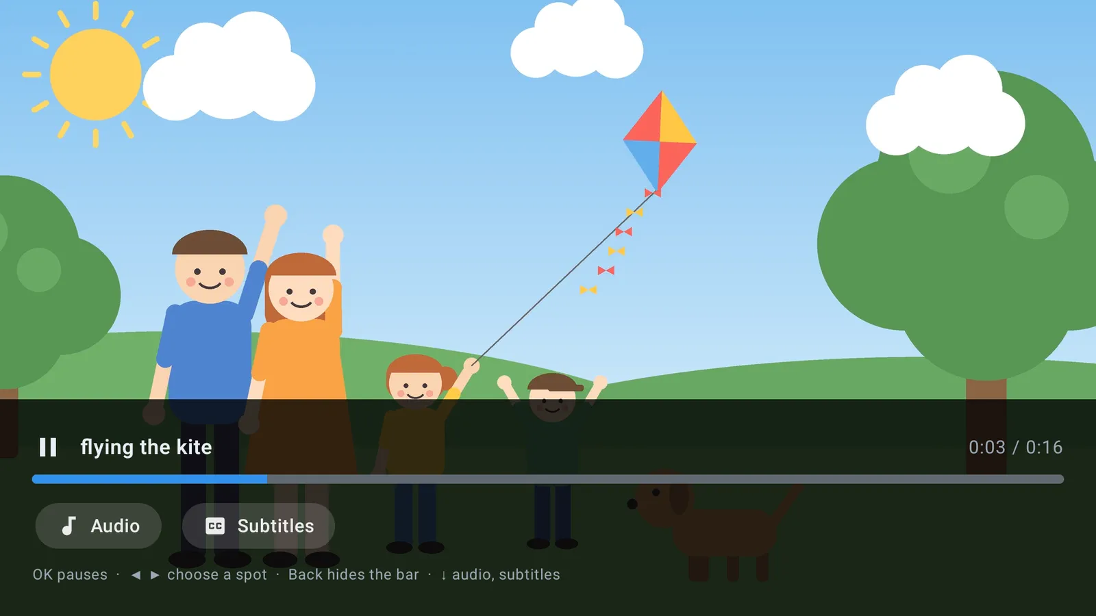 Downabit Player on a TV: a family film playing, with the Audio and Subtitles buttons