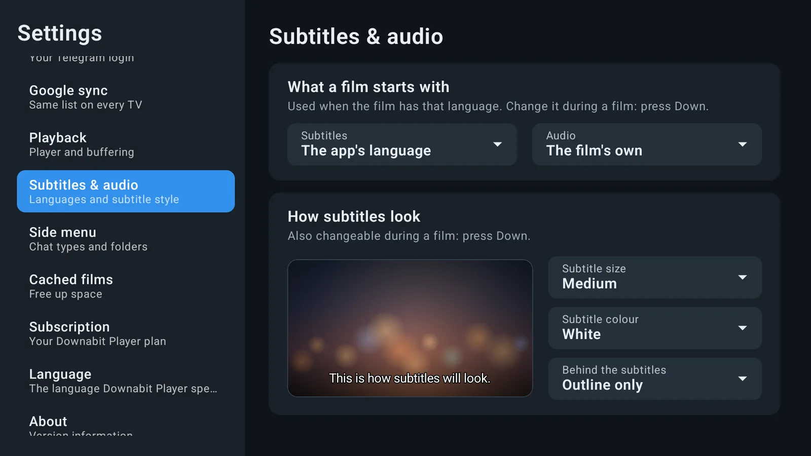 Subtitles and audio settings: default languages, and subtitle size, colour and background with a preview