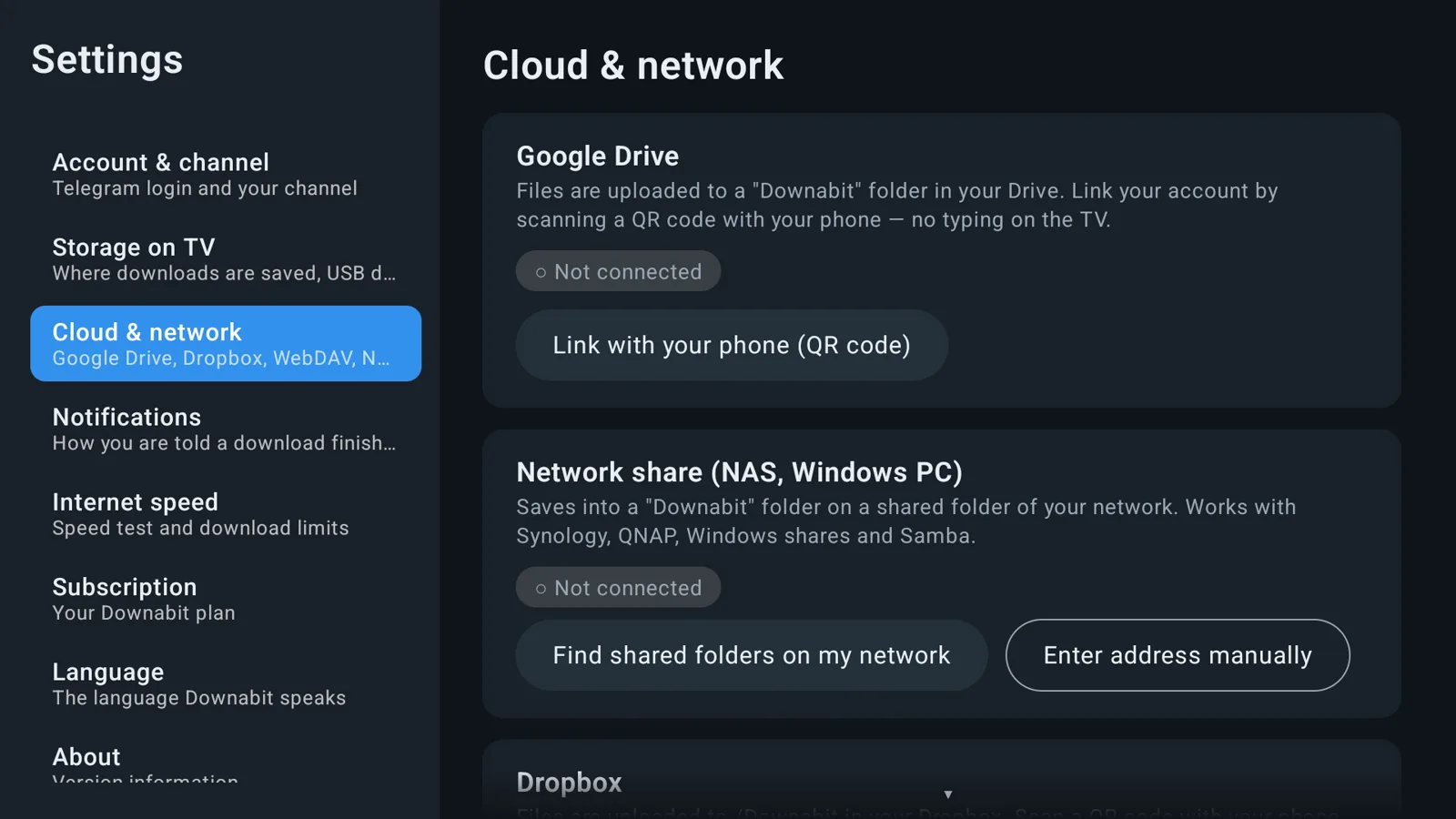 Cloud and network settings listing Google Drive, a network share and Dropbox