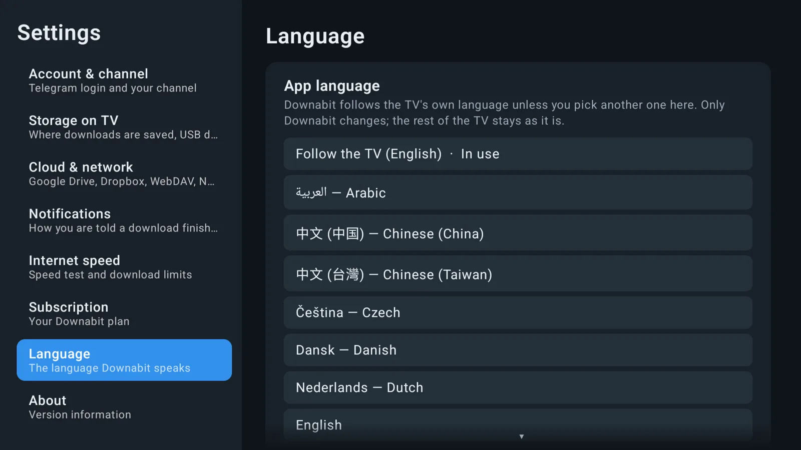 Language settings with the list of languages