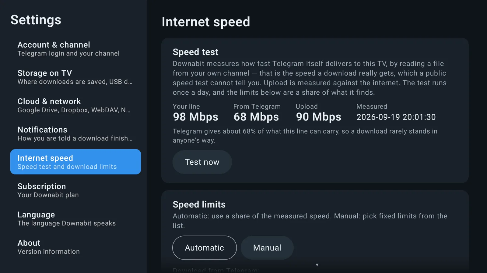 Internet speed settings with the measured download speed