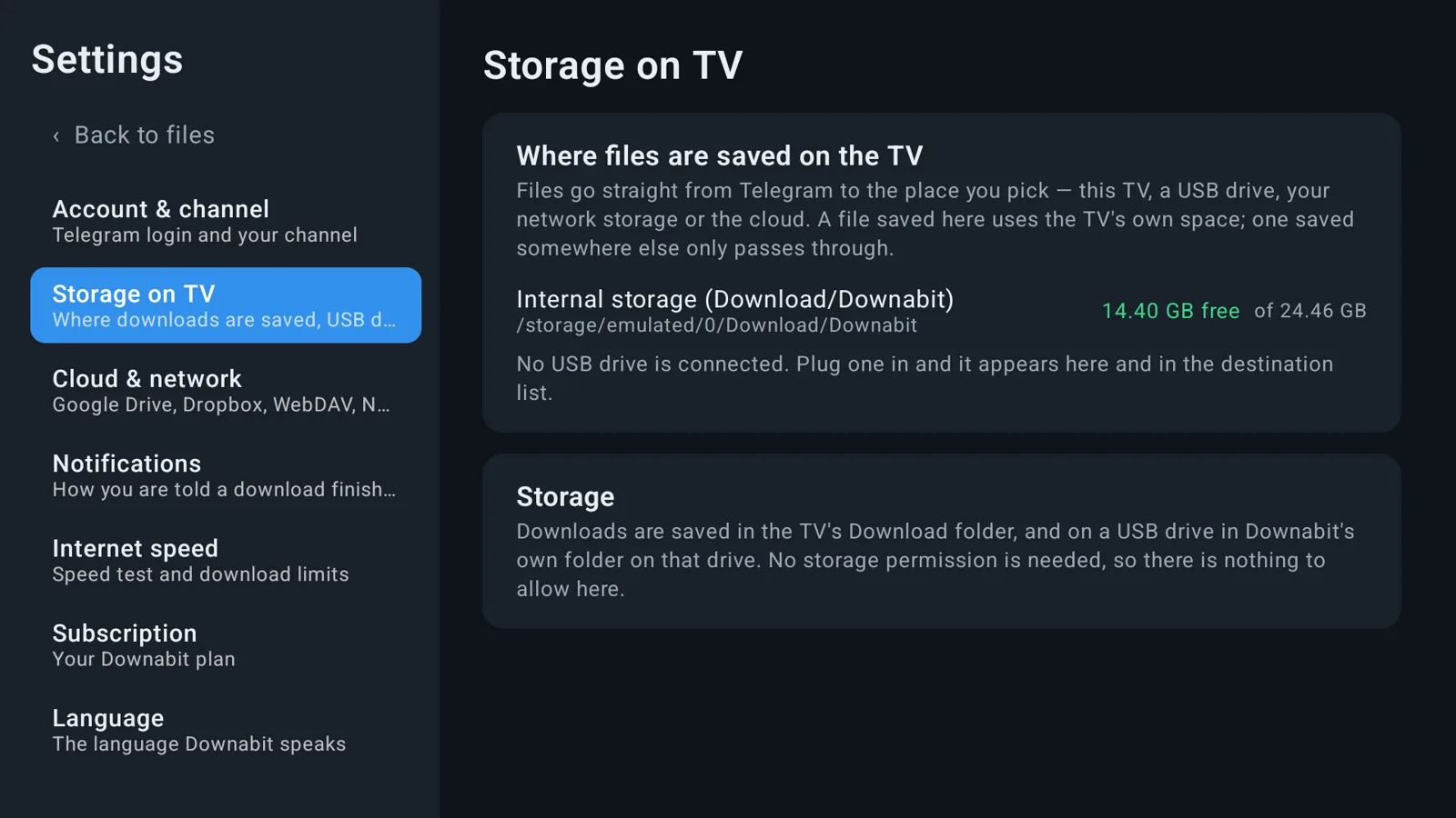 Storage on TV settings showing the free space