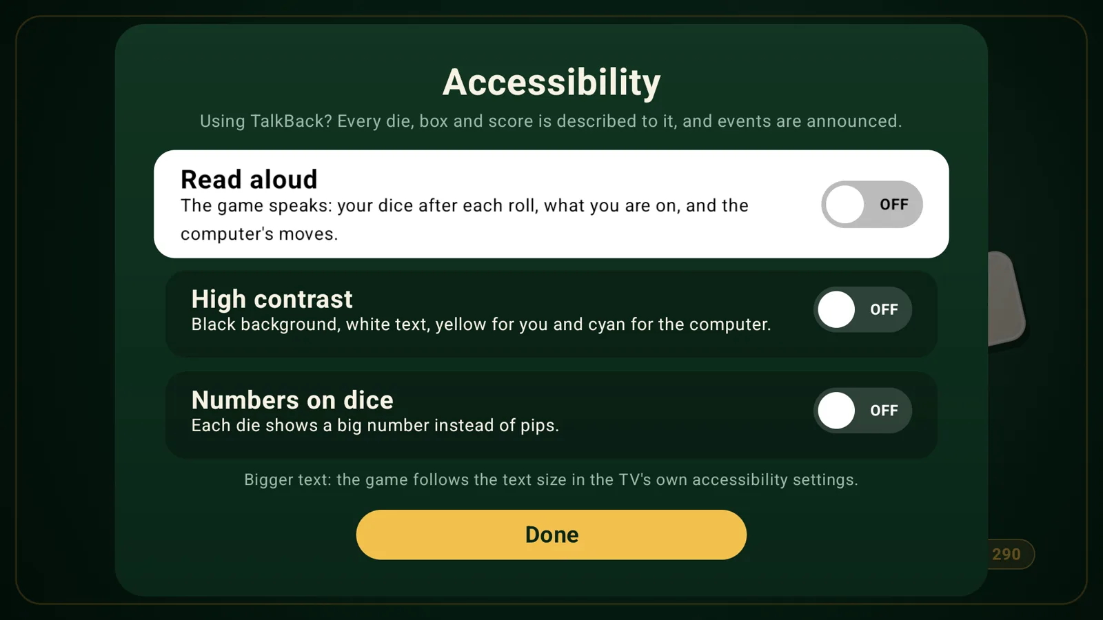 The Accessibility panel: read aloud, high contrast and numbers on dice