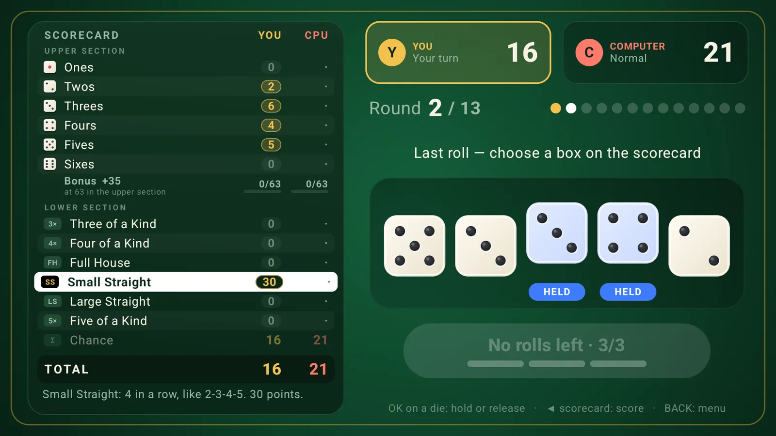 Five Dice on a TV: the scorecard and five dice, two of them held