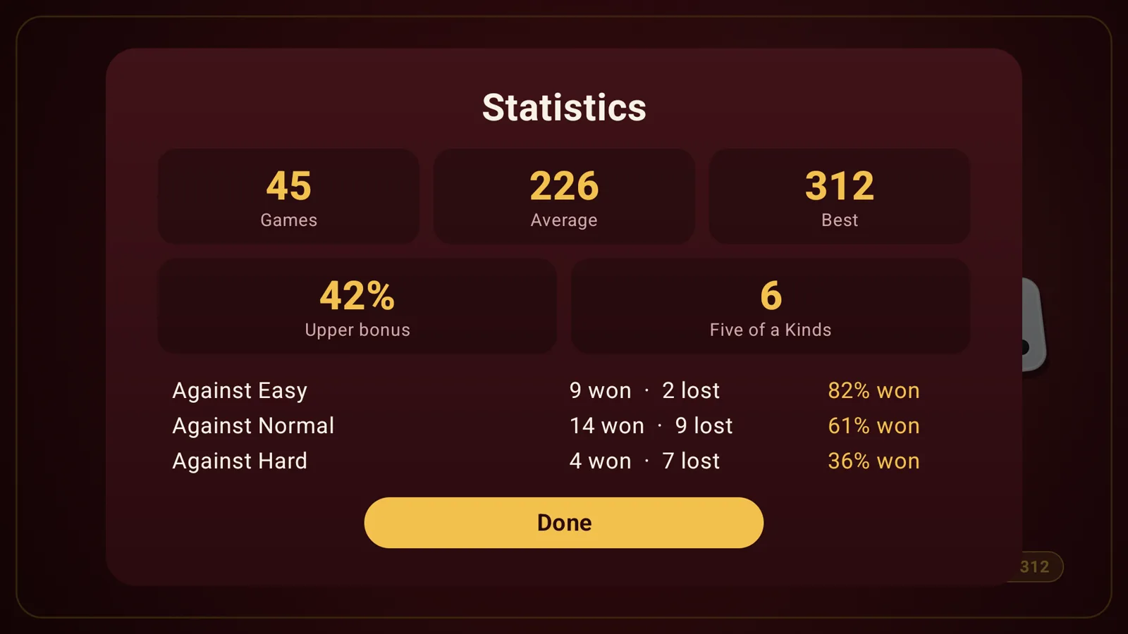 Five Dice Pro statistics on the casino red table