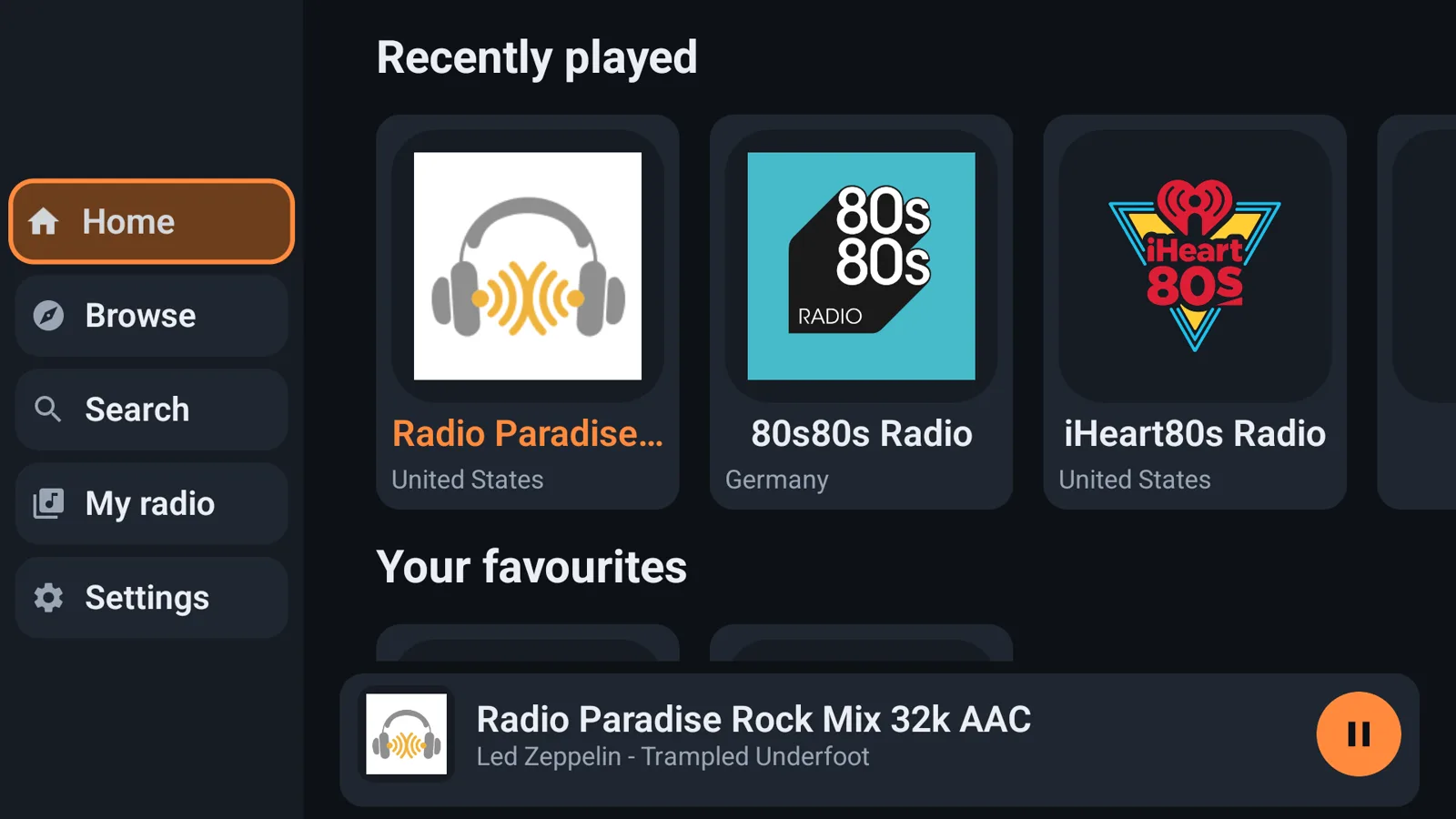 Shmerling Radio on a TV: recently played and favourite stations, with a song playing