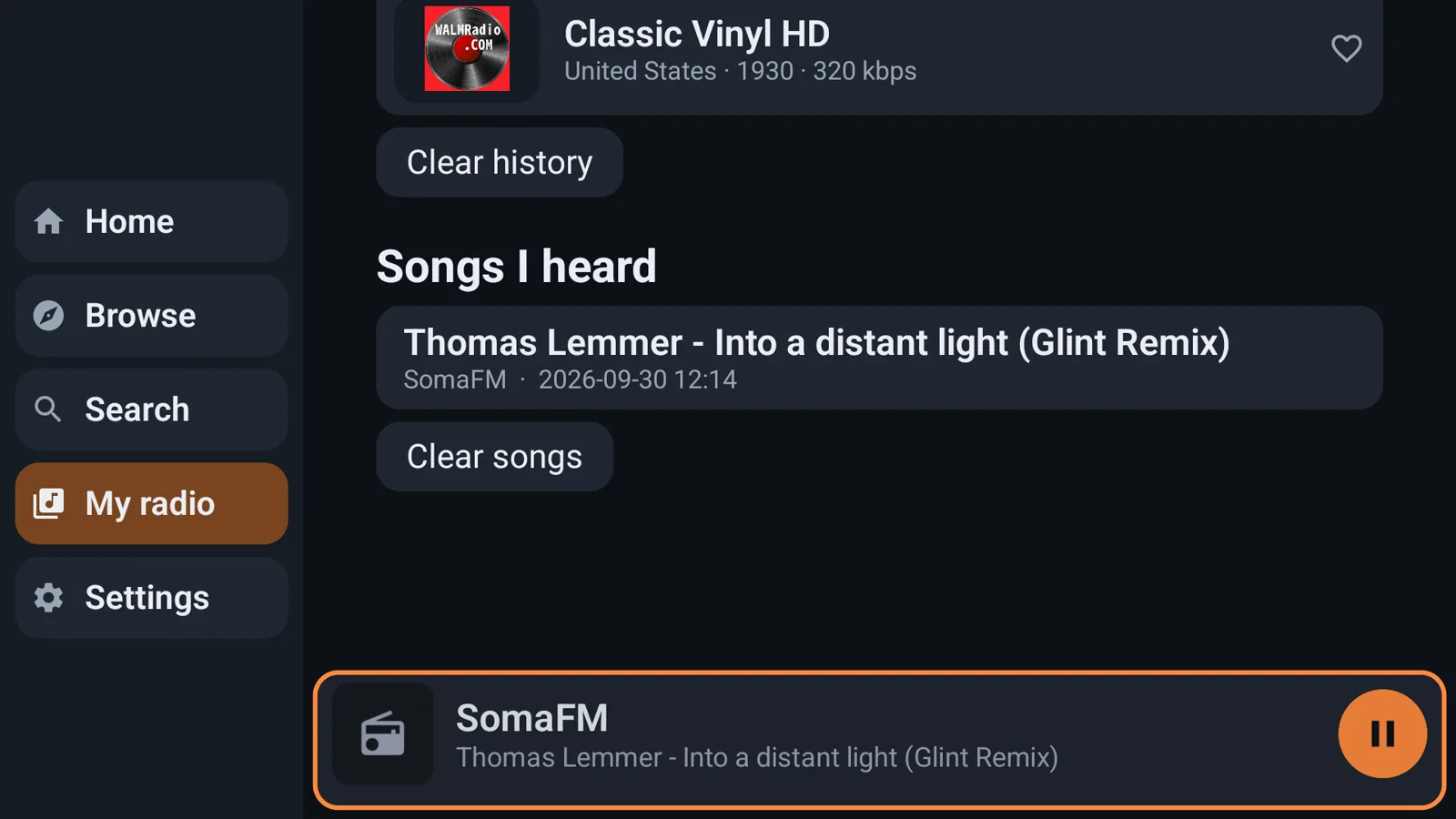 My radio: favourites, recently played stations and songs heard