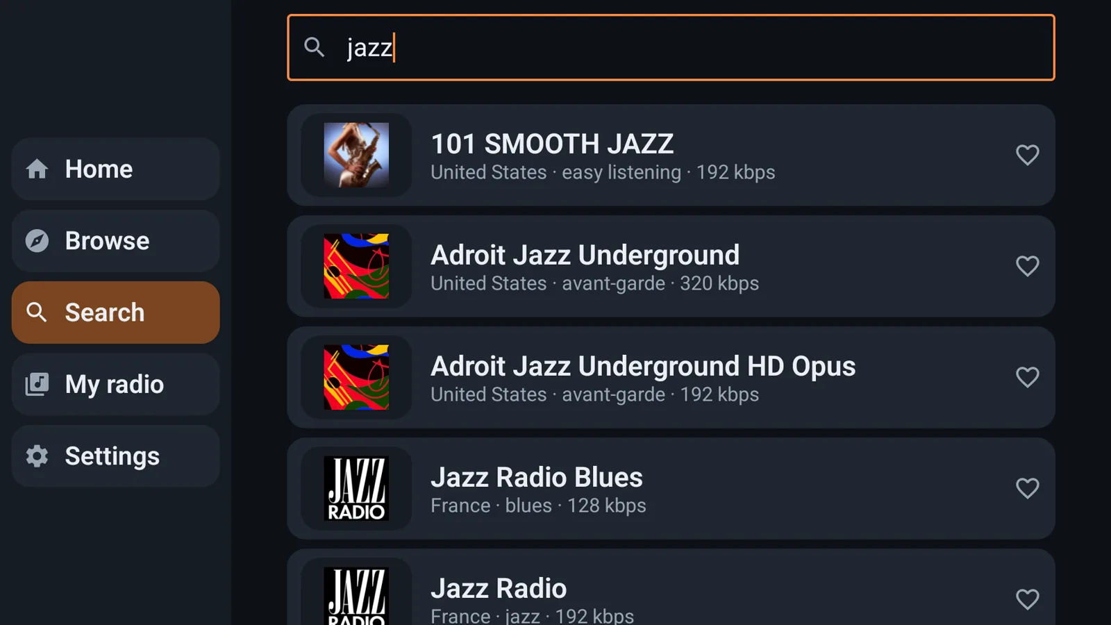 Search results for the word jazz, with each station country, genre and bitrate